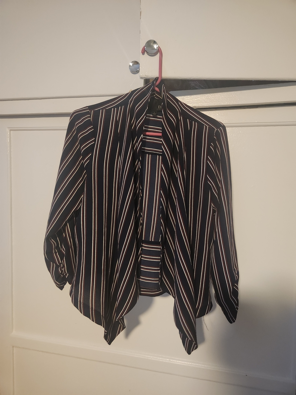 Striped Open-Front Women's Blazer Jacket - Black with Cream Stripes Red Size L.